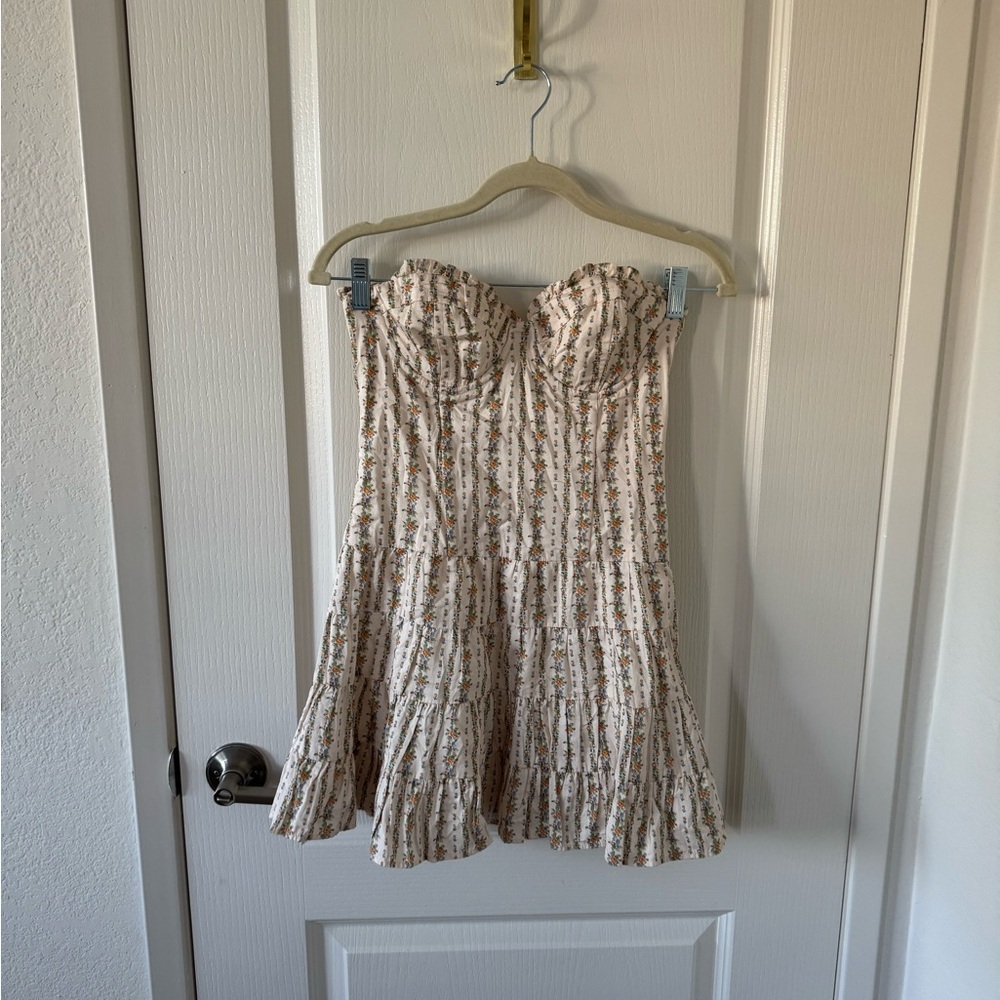 LoveShackFancy Strapless Cream Floral Dress
